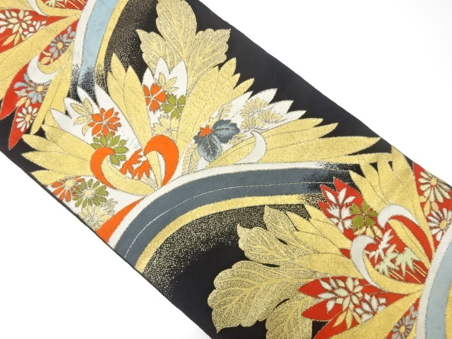 JAPANESE KIMONO / ANTIQUE FUKURO OBI / SILK / WOVEN WAVE & FLOWER